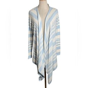 Barbour Harewood Cardigan Open Front Blue White Striped Merino Wool Cotton